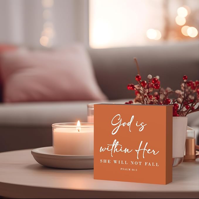God Is Within Her Bible Verse Artwork Orange Wood Box Sign Rustic Farmhouse - Image 3