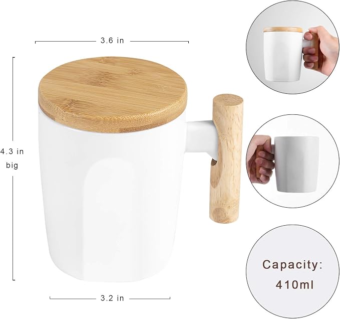 HOWAY Flat Bottom Mug with Wood Lid, Ceramic Tea Cup - Image 3