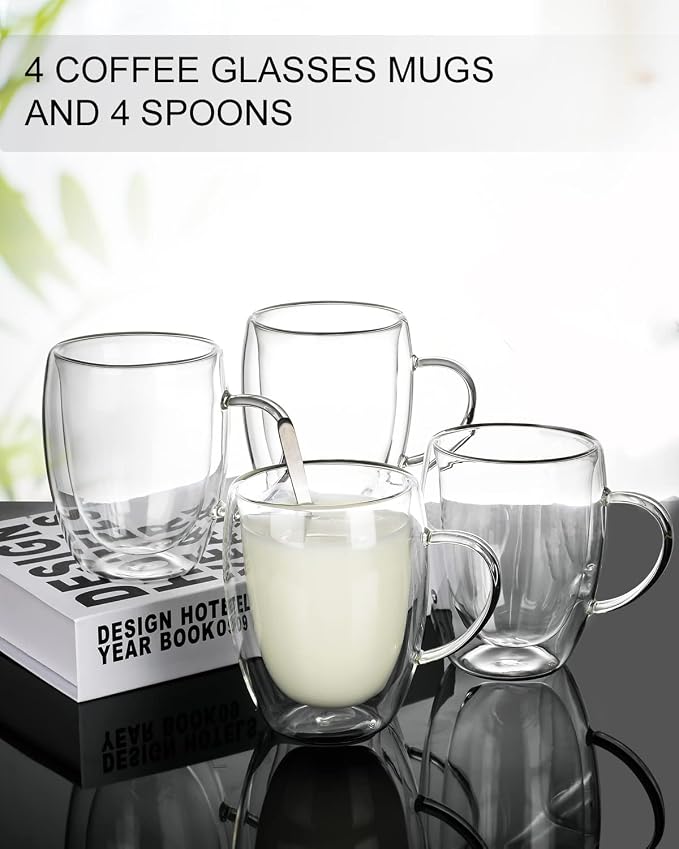 LIBWYS 4 Pack Double Walled Coffee Cups Glasses Mugs 12oz, Espresso Cappuccino - Image 2