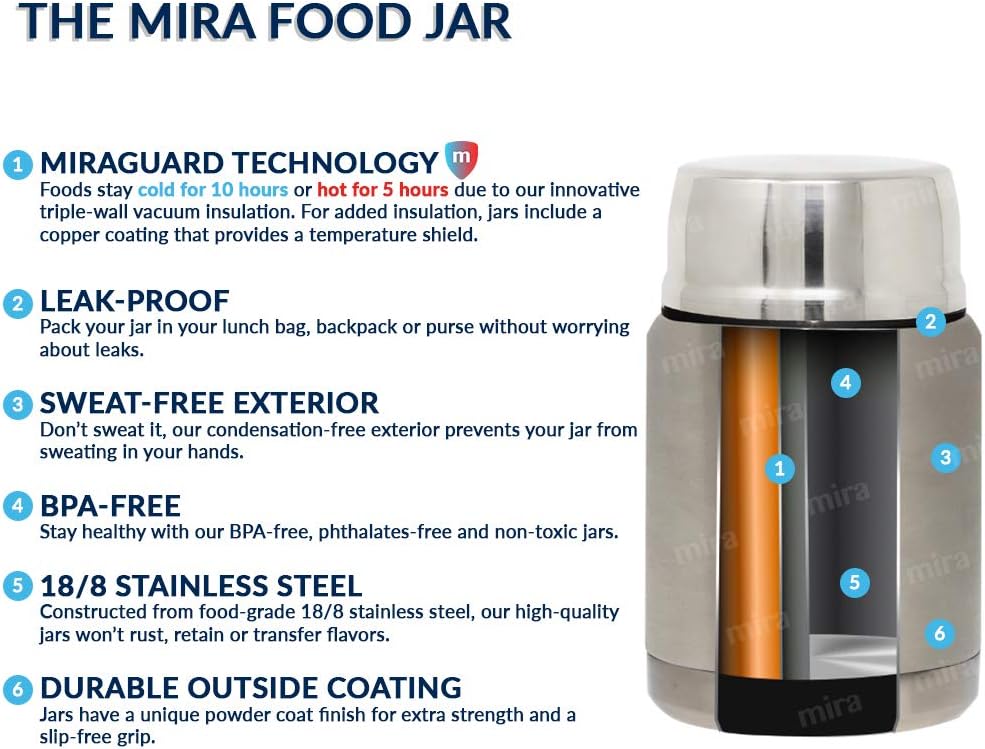 MIRA 15 oz Insulated Food Thermos for hot and cold foods - Leak-Proof Stainless Steel Container with Spoon - Honey