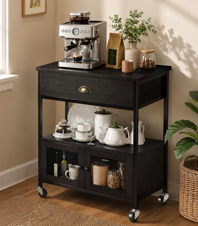 Catrimown Coffee Bar Cart Cabinet, 3 Tier Coffee Station Table on Wheels by Catrimown
