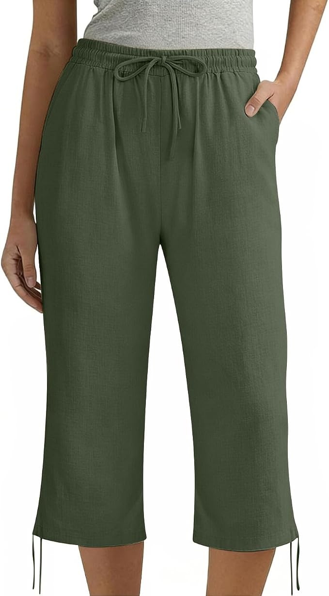 Linen Capri Pants for Women Drawstring Elastic Wide Leg Trouser 2026 Summer - Image 4