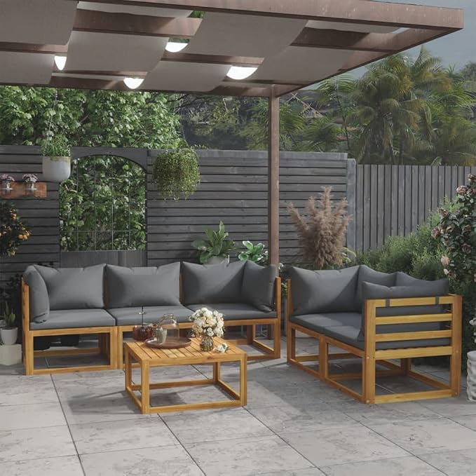 6 Piece Patio Lounge Set with Cushions, Solid Acacia Wood Outdoor Sectional - Image 2