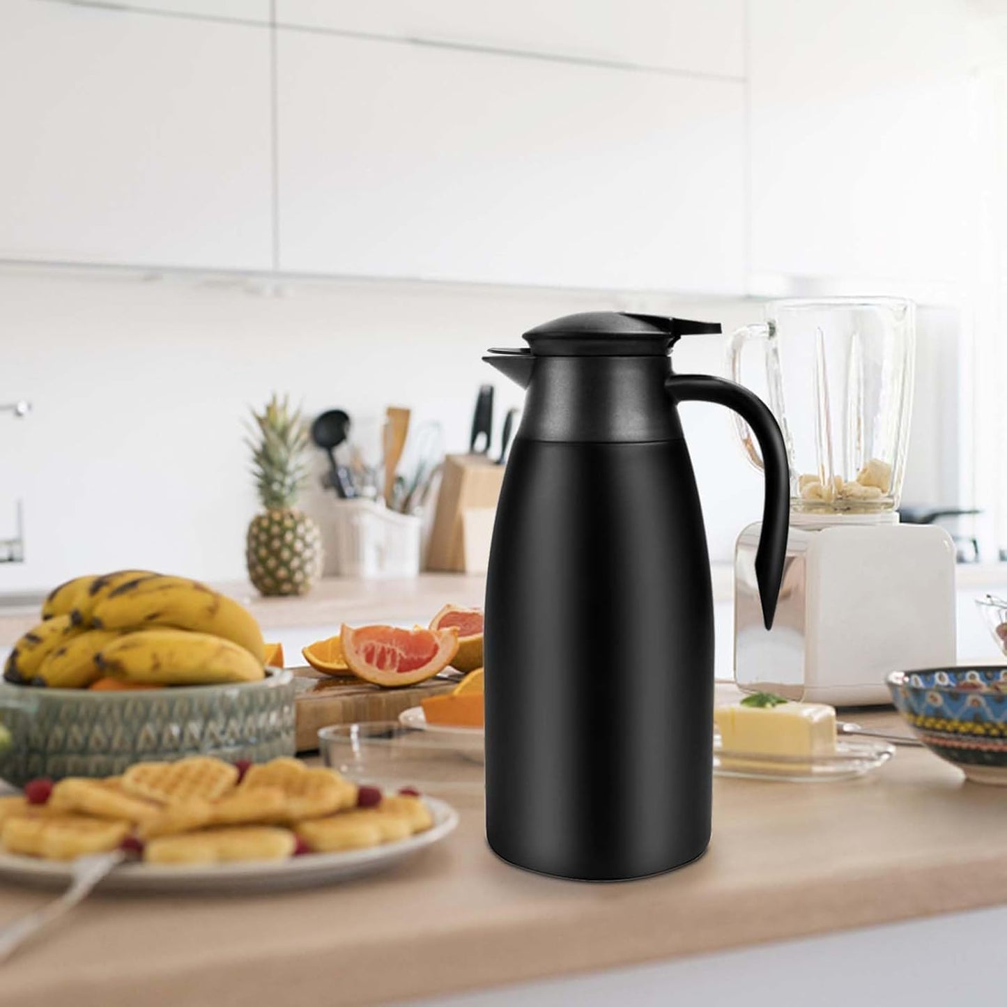 68oz Thermal Coffee Carafe, 2 Pack Airpot Insulated Coffee Urns Stainless Steel Vacuum Thermal Pot Dispenser for Coffee, Hot Water, Tea, Hot Beverage - Keep 12 Hours Hot, 24 Hours Cold (Black)