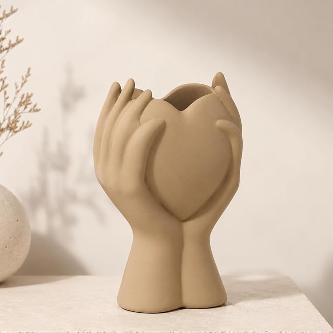8 Inch Heart Hand Brown Ceramic Vase by Unknown