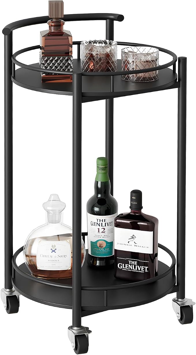 Bar Cart Black Rolling Cart for Home, 2 Tiers Bar Serving Cart Round Wine Cart by EternalHome