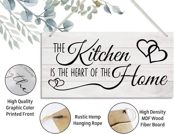 Kitchen Wood Decor Sign, The Kitchen Is the Heart of the Home, Hanging Printed - Image 3