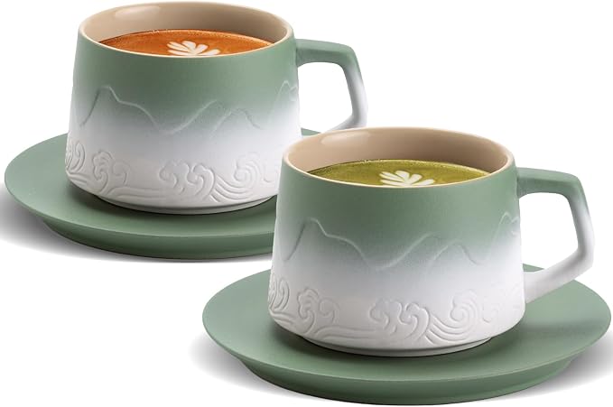 ZENS 8 Ounce Artistic Cappuccino Cups Set of 2, Embossed Ceramic Coffee Mug by ZENSLIFESTYLE