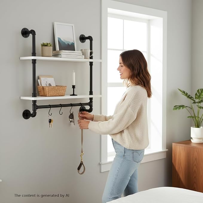 ROGMARS White Floating Wall Shelves Industrial Pipe Shelving 30 Inch Wood - Image 7