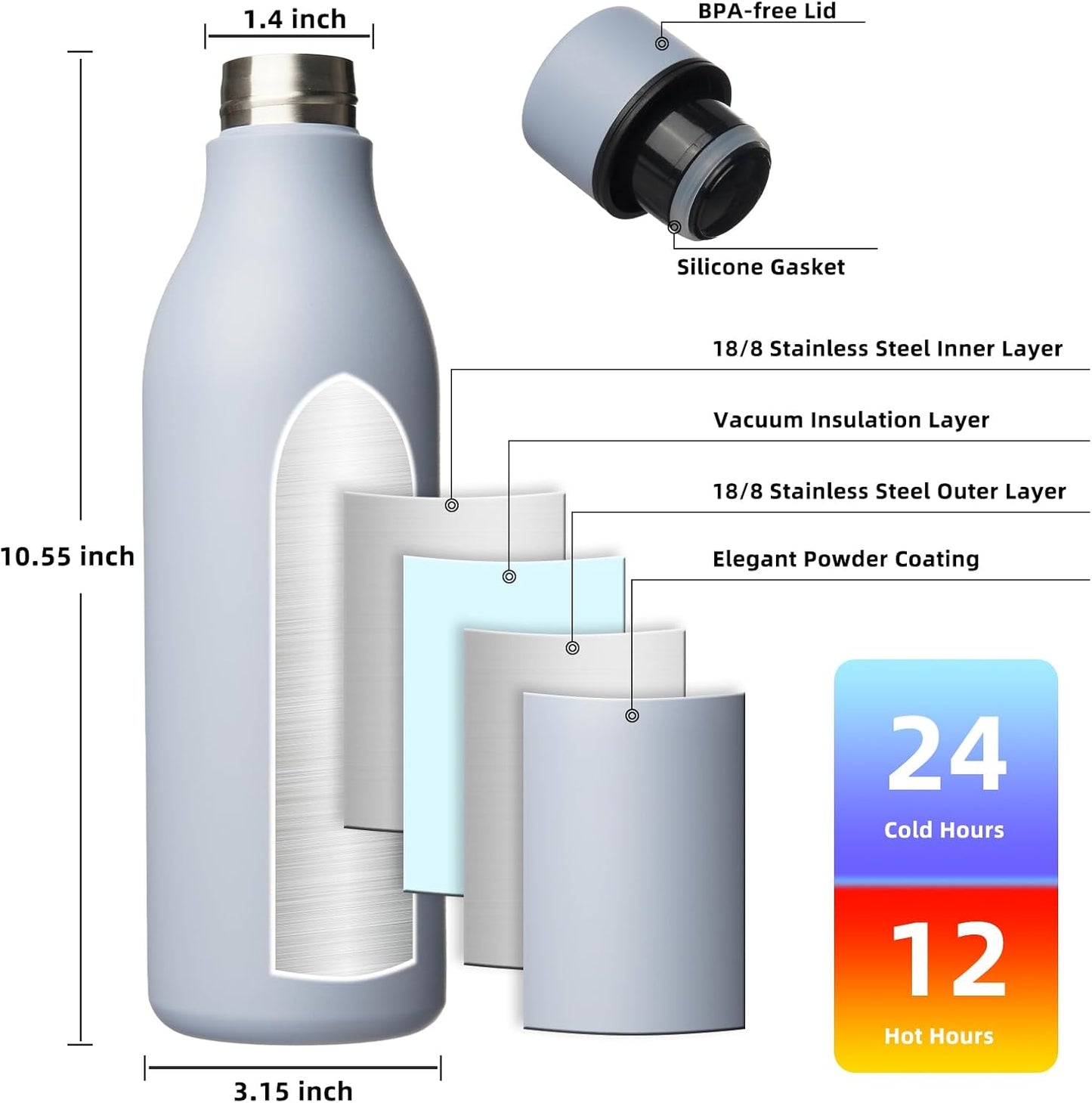 BJPKPK Insulated Water Bottles, 25 oz Stainless Steel Metal Water Bottle with Strap, BPA Free Leak Proof Thermos, Mugs, Flasks, Reusable Water Bottle for Sports & Travel, Mist Grey