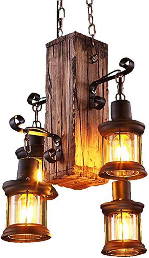 DouSeiAi Industrial Wooden Vintage 4-Light Pendant Light, Retro Loft Lantern by DouSeiAi