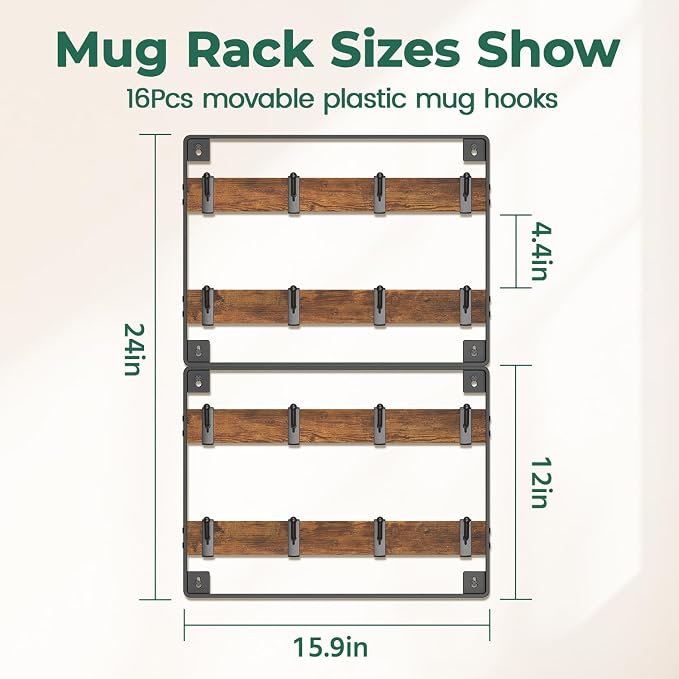 EsLuker.ly Mug Holder Hanger Rack Wall Mounted Wooden 2 Pack Coffee Cup Storage - Image 5
