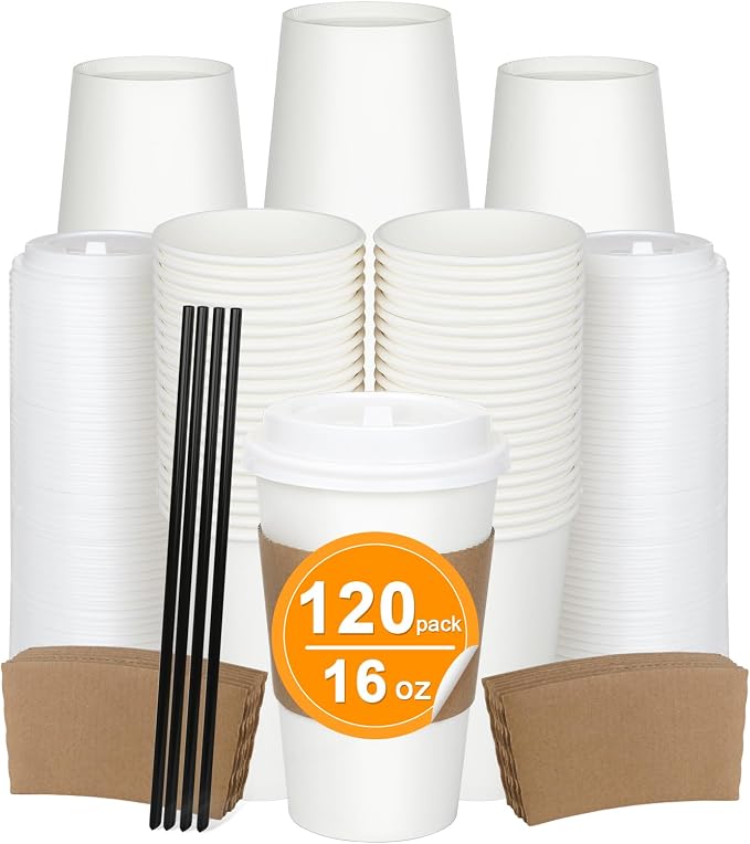 RAZCC 120 Pack 16 oz Paper Coffee Cups Set, Disposable White Coffee Cups by RAZCC