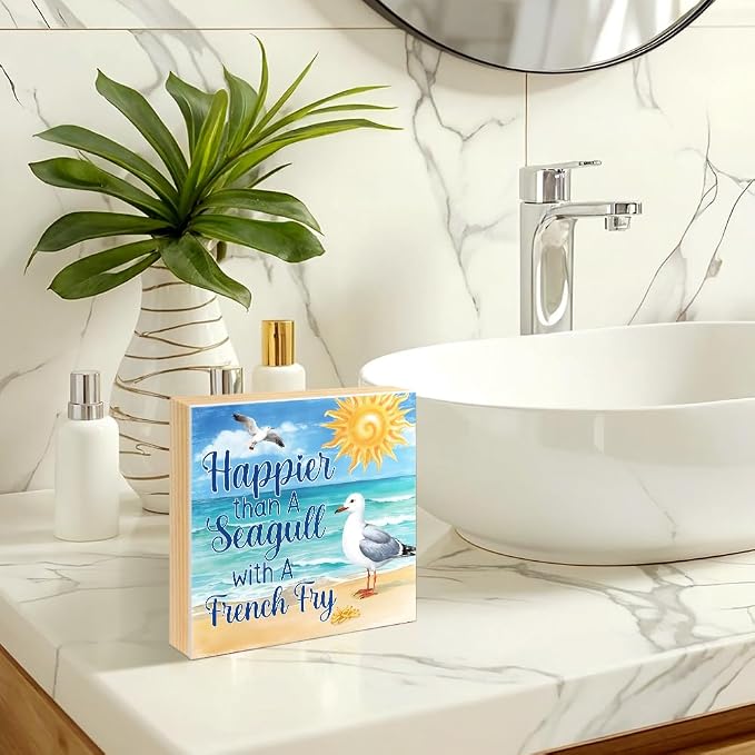 Happier Than a Seagull with a French Fry Wood Block Plaque Box Sign - Image 6