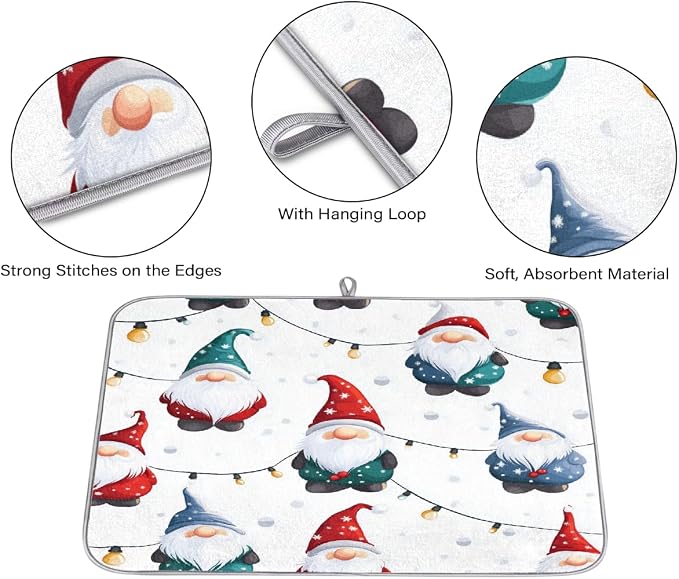 Cute Christmas Gnomes String Lights Dish Drying Mat, Kitchen Counter Quick Dry - Image 3