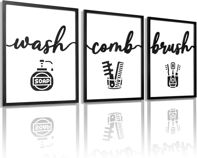 3D Wood Funny Bathroom Wall Art, Framed Black and White Bathroom Pictures Wall by KIOSSUT