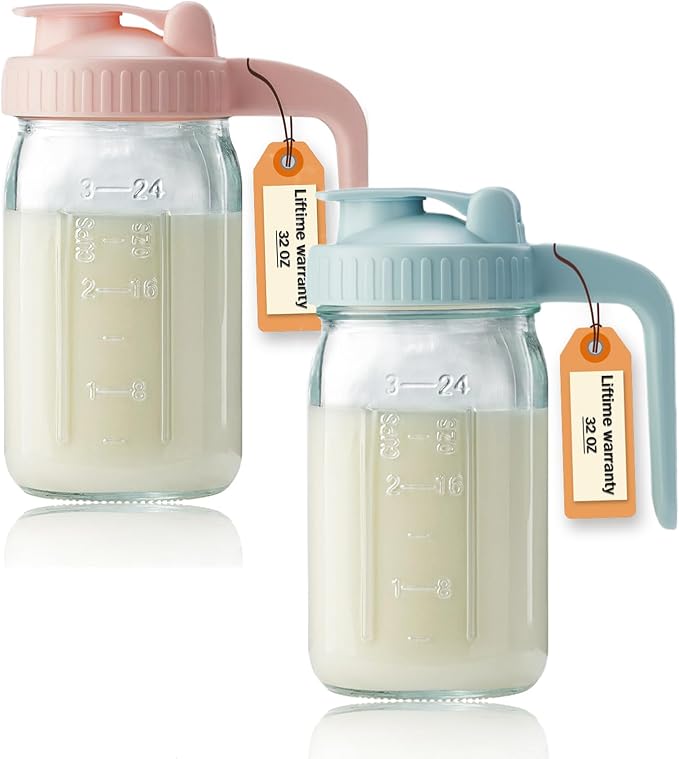 2 Pack 32oz Glass Pitcher with Lid & V-shaped Pour Spout by miradexic