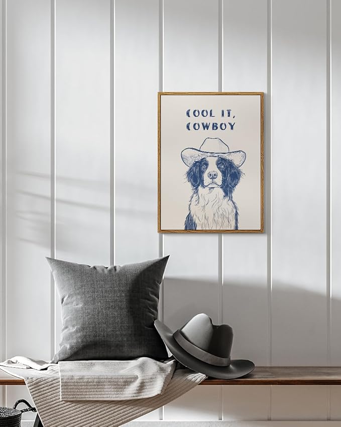 Funny Cowboy Hat Dog Illustration Wall Art “Cool It, Cowboy” Framed Canvas Print - Image 2