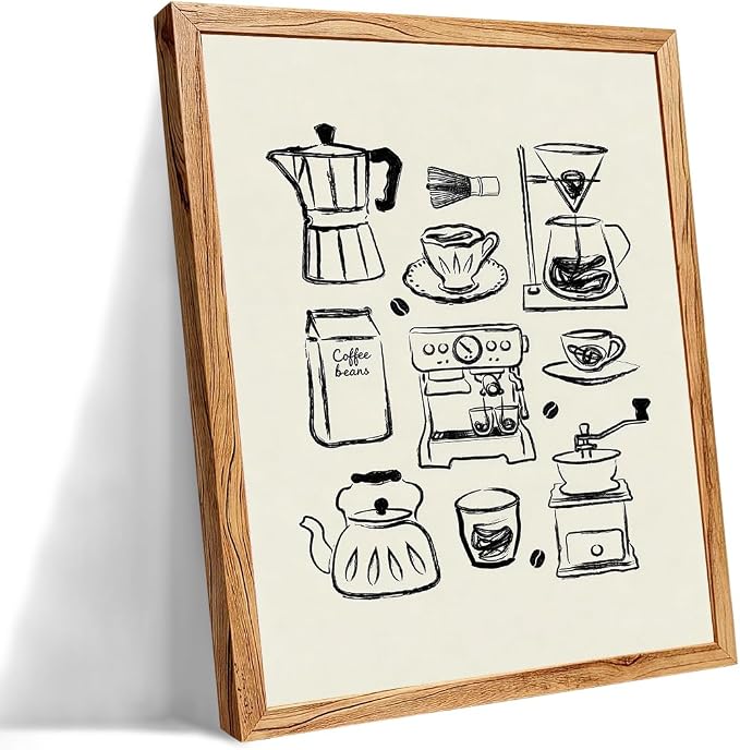 Framed Modern Kitchen Wall Art 08x10 inch Black and White Minimalist Coffee by Unknown