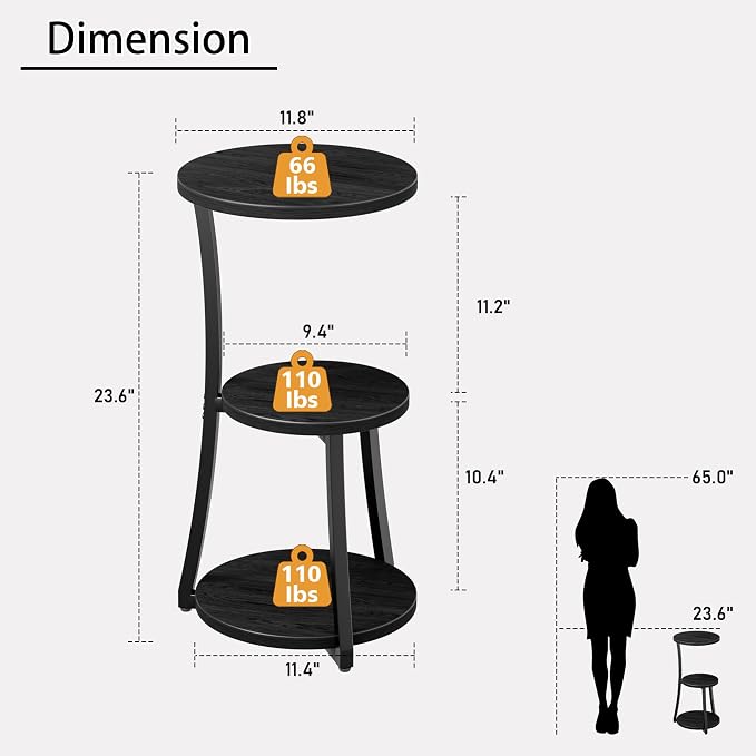 JUSTOGO Small Side Table, 3-Tier Round End Table - Image 3