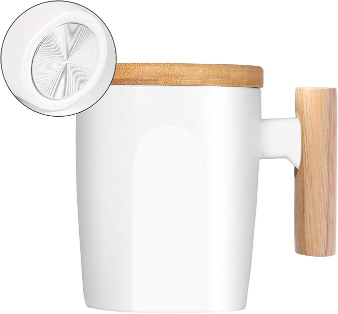 HOWAY Flat Bottom Mug with Wood Lid, Ceramic Tea Cup by HOWAY