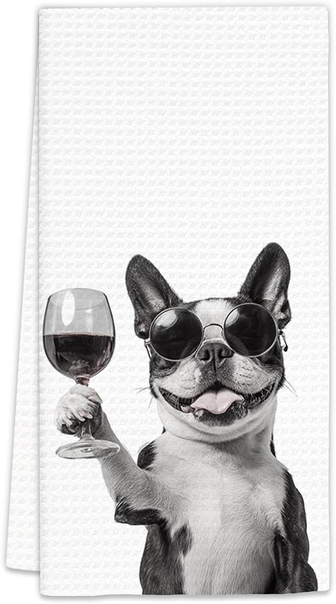 Boston Terrier Gifts Wine Dog Kitchen Towels, Gifts by FIicy