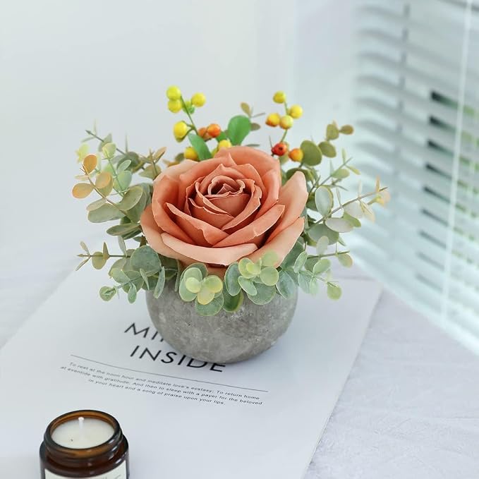 Small Artificial 2pcs Orange Rose Potted Plant, Mini Faux Floral Arrangement - Image 4
