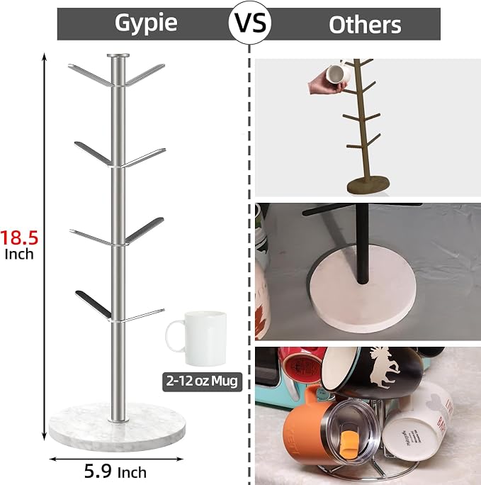 Gypie Marble Mug Holder Tree, 8 Hooks Brushed Nickel Coffee Cups Stand - Image 3