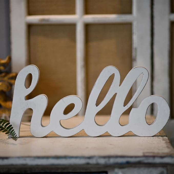 Rustic Distressed White Wooden Hello Sign by Sintosin
