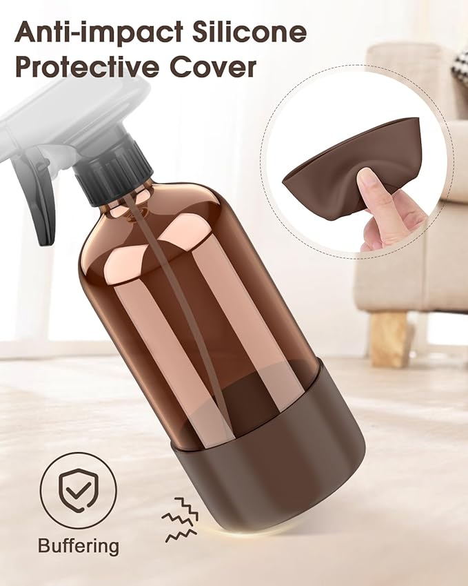 Bontip Glass Spray Bottle with Silicone Sleeve Protection, Amber Glass Spray - Image 4