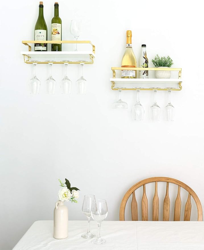 Mkono Wall Mounted Wine Rack Set of 2 White Wood Wine Bottle Glass Holder - Image 4