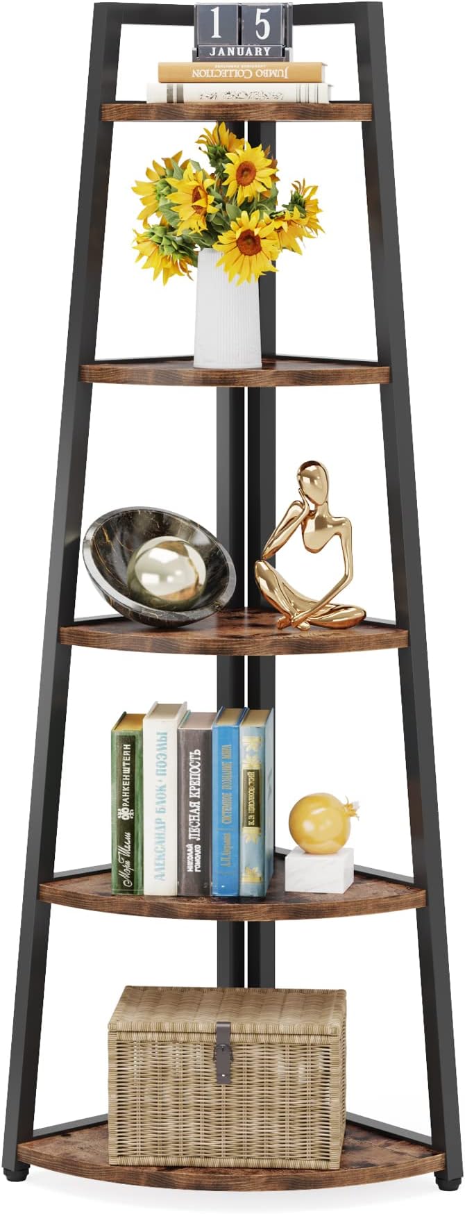 Tribesigns 70 inch Tall Corner Shelf, 5 Tier Rustic Corner Bookshelf Bookcase - Image 8