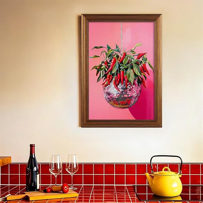 Gold Framed Disco Ball With Red Chili Pepper Wall Art 16x20 inch Funky - Image 4