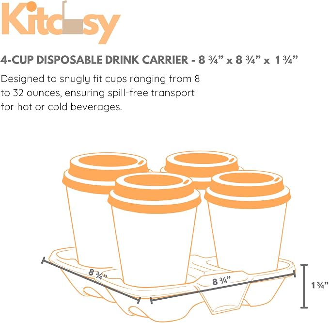 4-Cup Disposable Drink Carrier Tray, Molded Fiber Cup Holder, Coffee Carrier - Image 3