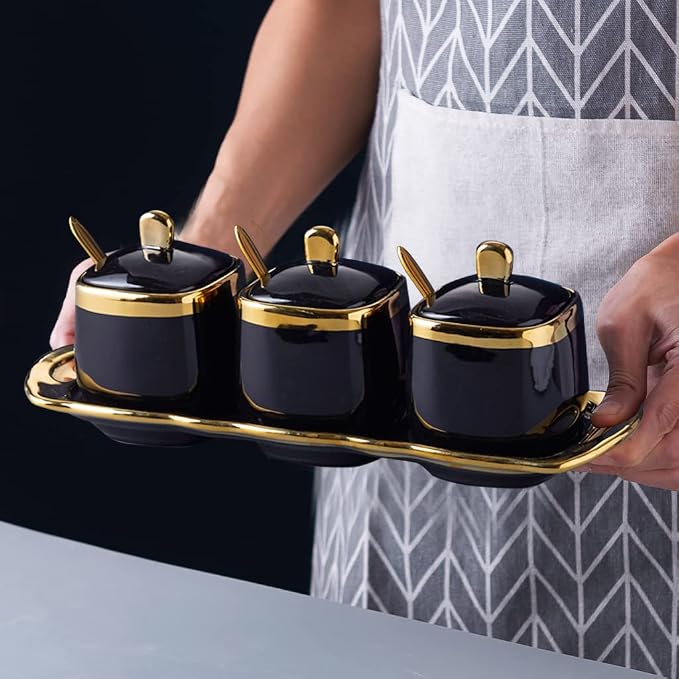 Black Sugar Bowl with Lid and Spoon, Ceramic Condiment Jars Spice Container - Image 4