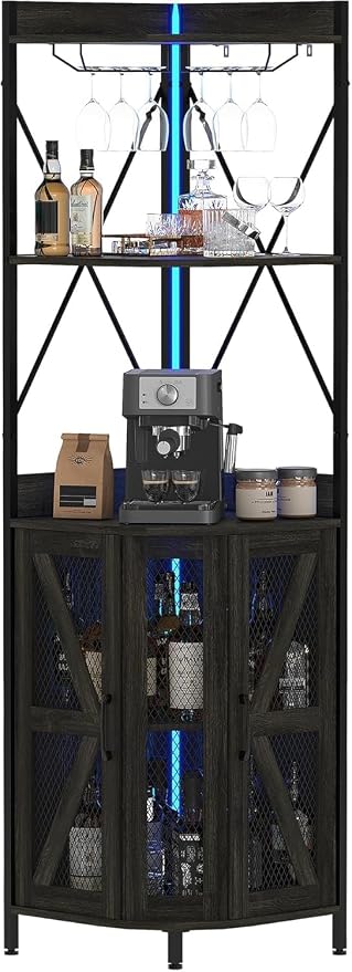 GAOMON Corner Bar Cabinet with Power Outlet, Industrial Wine Cabinet with LED by Unknown