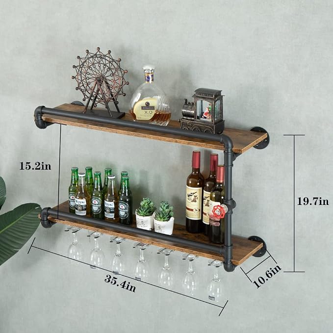 Wine Rack Wall Mounted 2 Tier, Hanging Floating Bar Liquor Shelves - Image 2