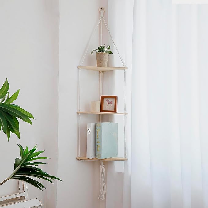 Artilady White Corner Floating Shelves Wall Hanging- Macrame 3 Tier Corner - Image 6