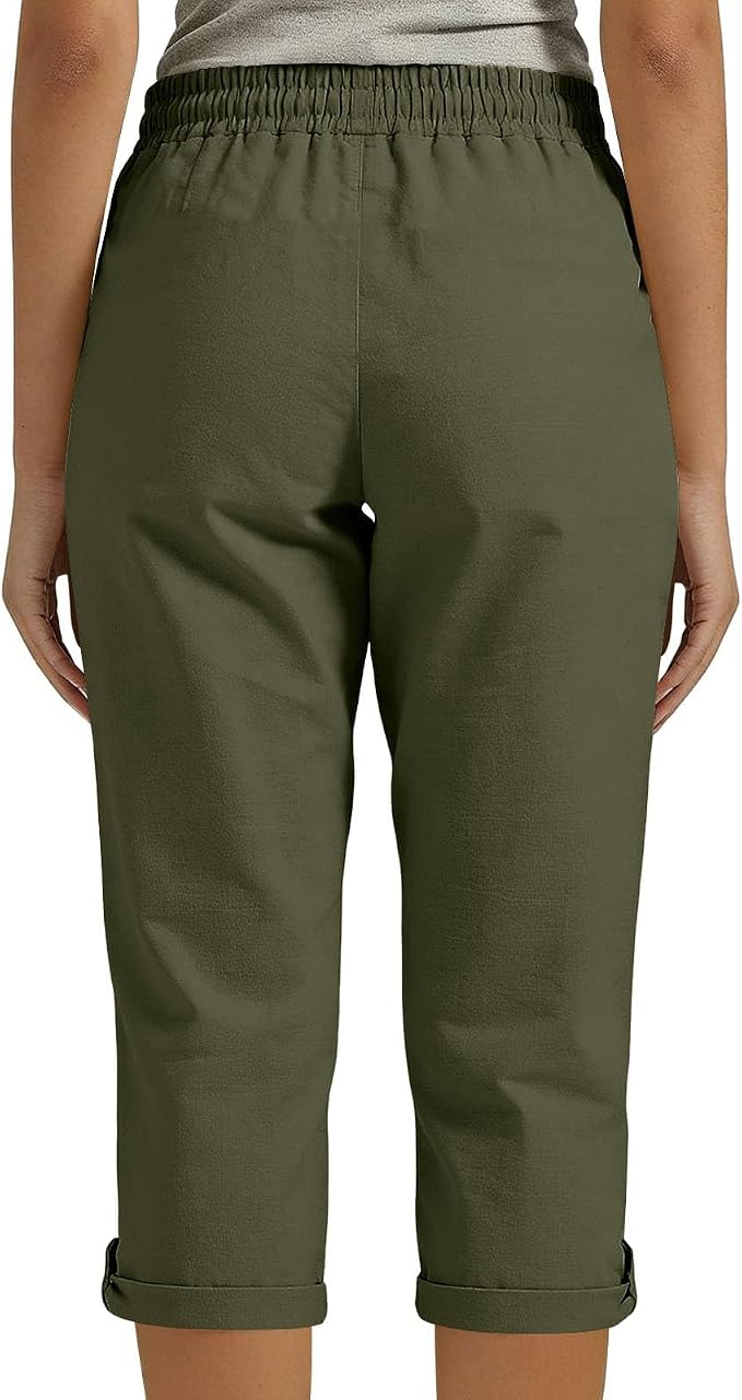 Drawstring Capri Linen Pants Women Elastic Waist Straight Leg Pant Summer Beach - Image 2