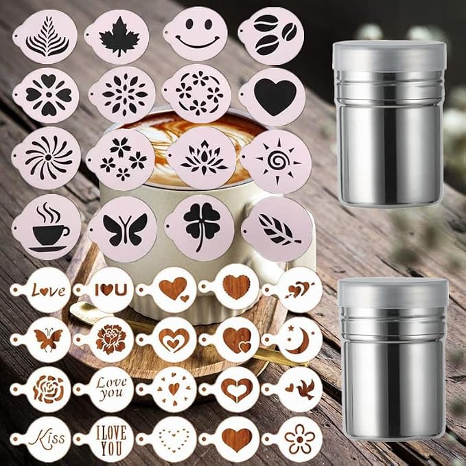 36 Coffee Stencils+2 Mesh Powder Shakers, Cake Baking Templates Coffee Art by Magnoloran
