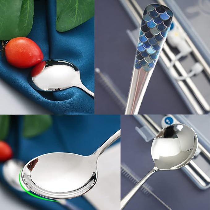 Stainless Steel Coffee Round Spoon, Korean Dessert Spoon, Fish Scale Pattern - Image 3