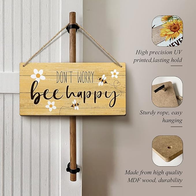 Heuhuww Don’t Worry Bee Happy Sign 6"x12" Bee Decor - Image 2