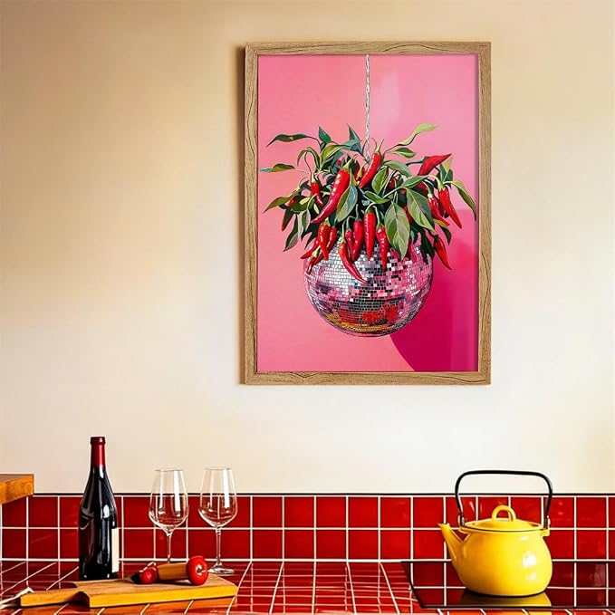 Framed Disco Ball With Red Chili Pepper Wall Art 08x10 inch Funky Whimsical - Image 4