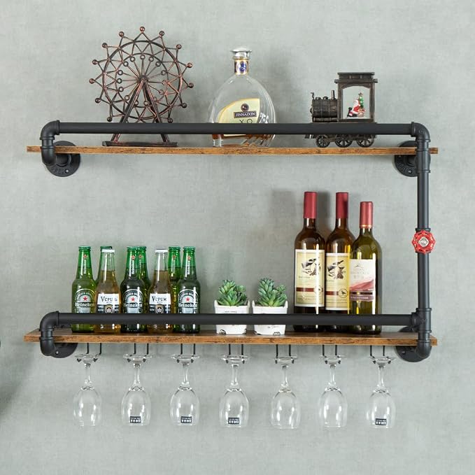 Wine Rack Wall Mounted 2 Tier, Hanging Floating Bar Liquor Shelves - Image 3