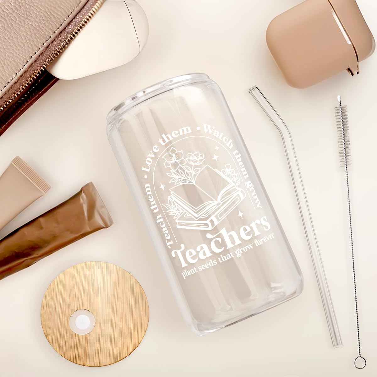 SANDJEST Teacher Glass Can, Teachers Plant Seeds That Grow Forever Cup with Lid & Straw, Coffee Aesthetic Cups, Gift for Christmas Teacher Appreciation, Gifts for Women, 16oz