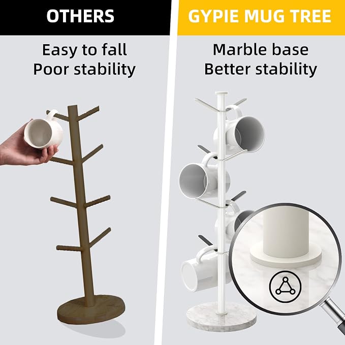 Gypie Mug Holder Tree with Marble Base, 8 Hooks White Coffee Cups Holder Stand - Image 3