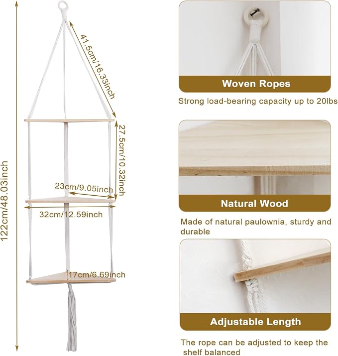 Artilady White Corner Floating Shelves Wall Hanging- Macrame 3 Tier Corner - Image 2