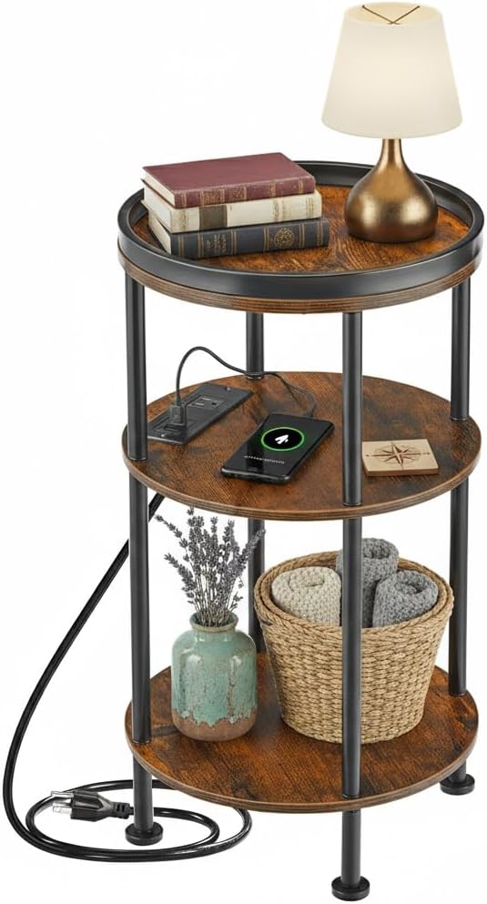 Small Round Side Table with Charging Station by Zexvida