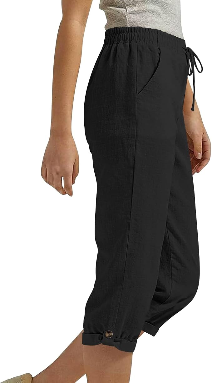 Drawstring Capri Linen Pants Women Elastic Waist Straight Leg Pant Summer Beach - Image 6