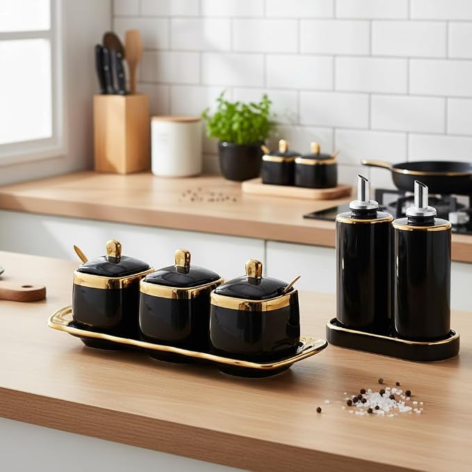 Black Sugar Bowl with Lid and Spoon, Ceramic Condiment Jars Spice Container - Image 8